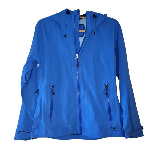REI Jackets & Coats Rei Coop Motility Rain Jacket Blue Front Zip Pockets Hoodie Hiking Women